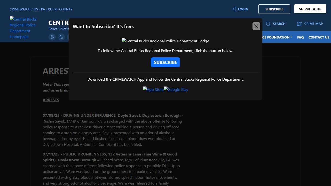 Arrests - July 2025 | Central Bucks Regional Police Department